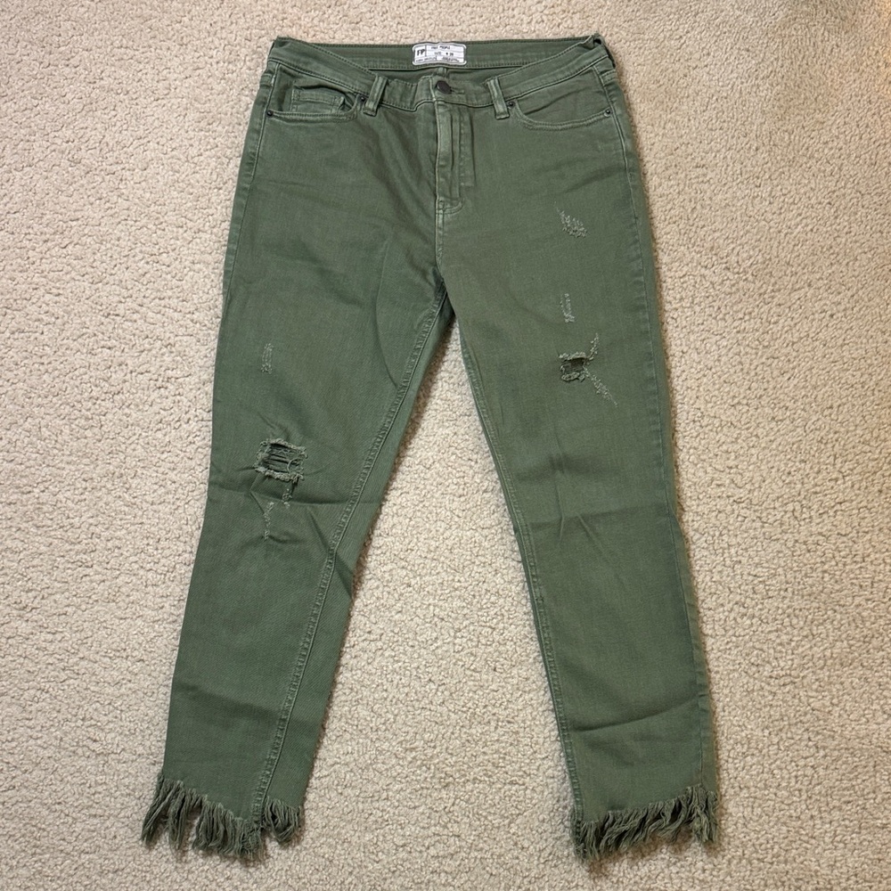 Free People Green Distressed Ankle Jeans